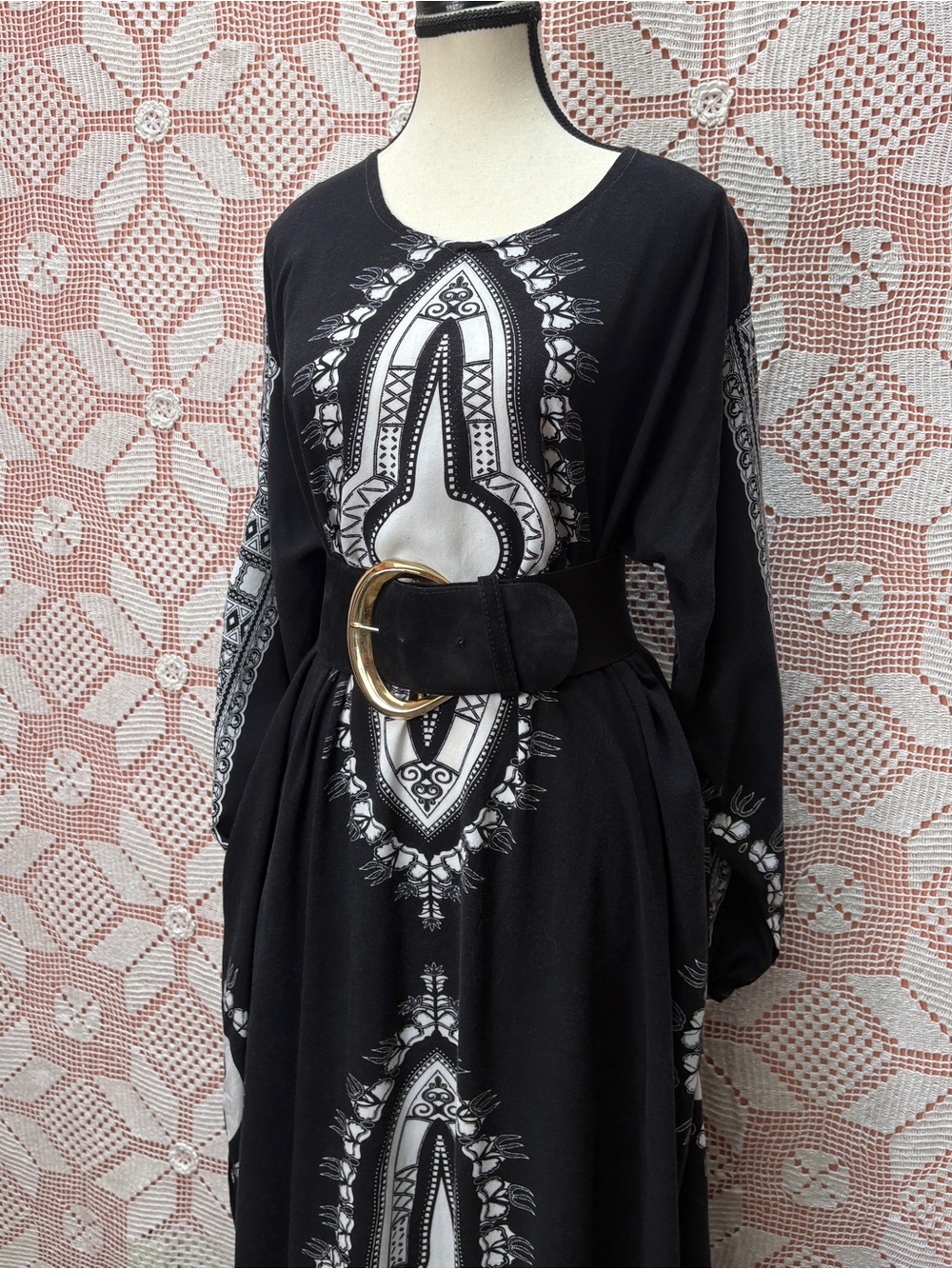 Vintage Black & White Rayon Kaftan Maxi Dress XL Boho Lounge Caftan